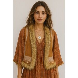 Flying Tomatoe Boho Faux Suede With Fur Trim Vest Size S Tribal Embroidered NWOT
